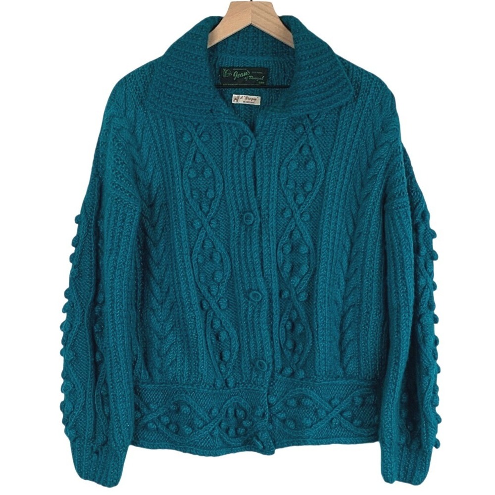 Jean's of Donegal Handmade 100% Wool Aran Knit Cardigan Sweater Sz M/L Teal Blue